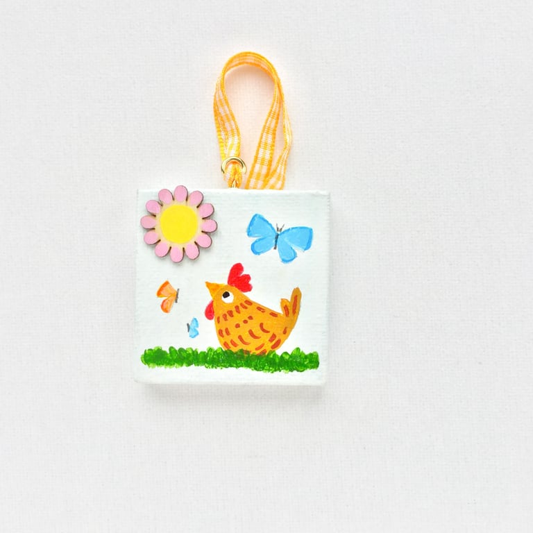 Hand painted miniature canvas Cheeky chicken.