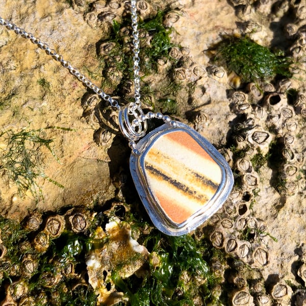 Brown, White & Gold Striped Pottery and Sterling Silver Pendant - 1065