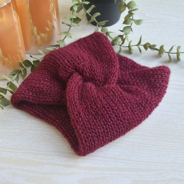 Knitted Wide Headband Soft As A Cloud Twisted Headband Alpaca Silk Red Wine