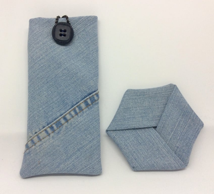 Beautiful bundle, Glasses Case and coaster, Up-cycled Denim