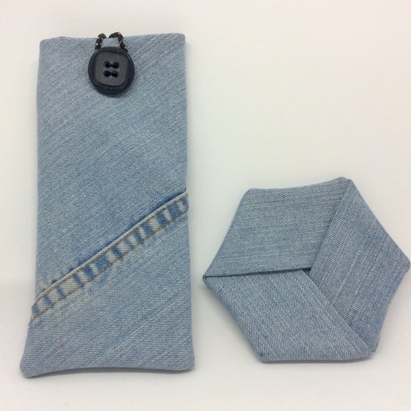 Beautiful bundle, Glasses Case and coaster, Up-cycled Denim