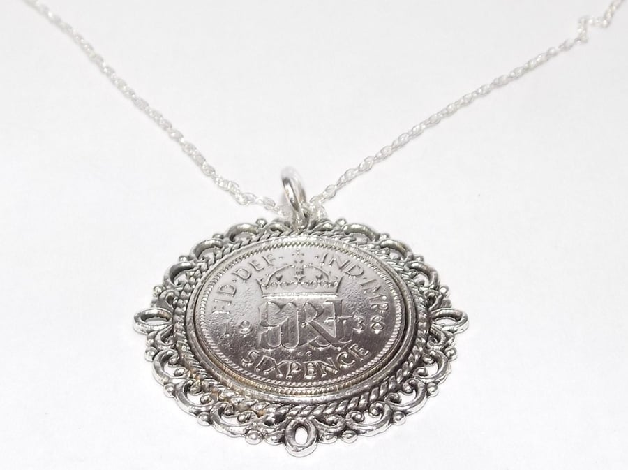 Fancy Pendant 1938 Lucky sixpence 82nd Birthday plus a Sterling Silver 18in Chai