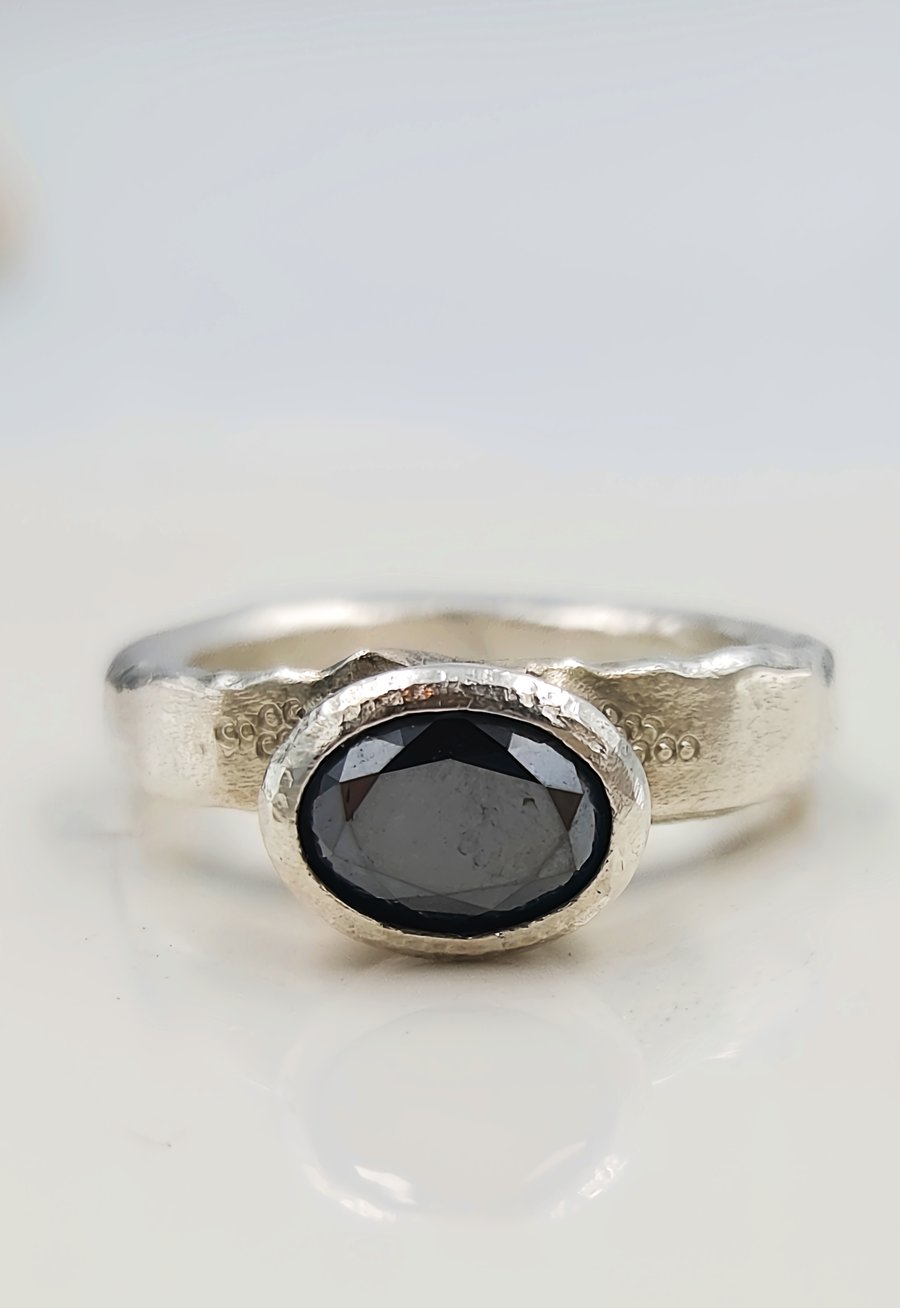 Molten Silver Black Diamond Ring – Oval Faceted Diamond, Rustic Artisan Design -