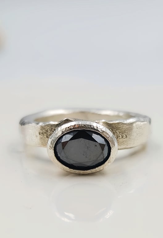 Molten Silver Black Diamond Ring – Oval Faceted Diamond, Rustic Artisan Design -
