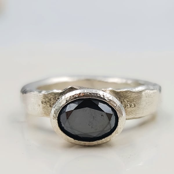 Molten Silver Black Diamond Ring – Oval Faceted Diamond, Rustic Artisan Design -