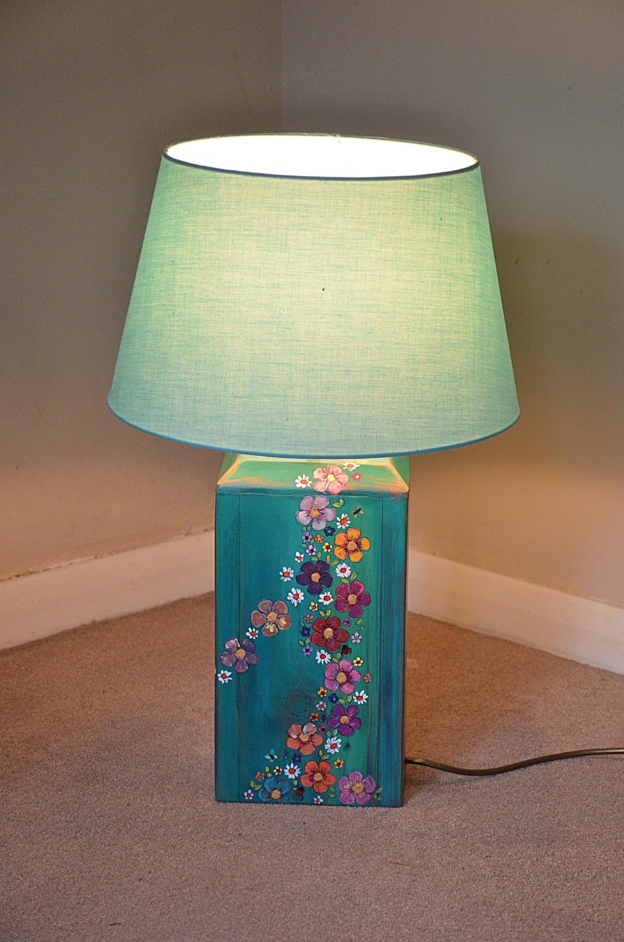 Handpainted Country Cottage Farmhouse Wood Lamp Base Jade Green