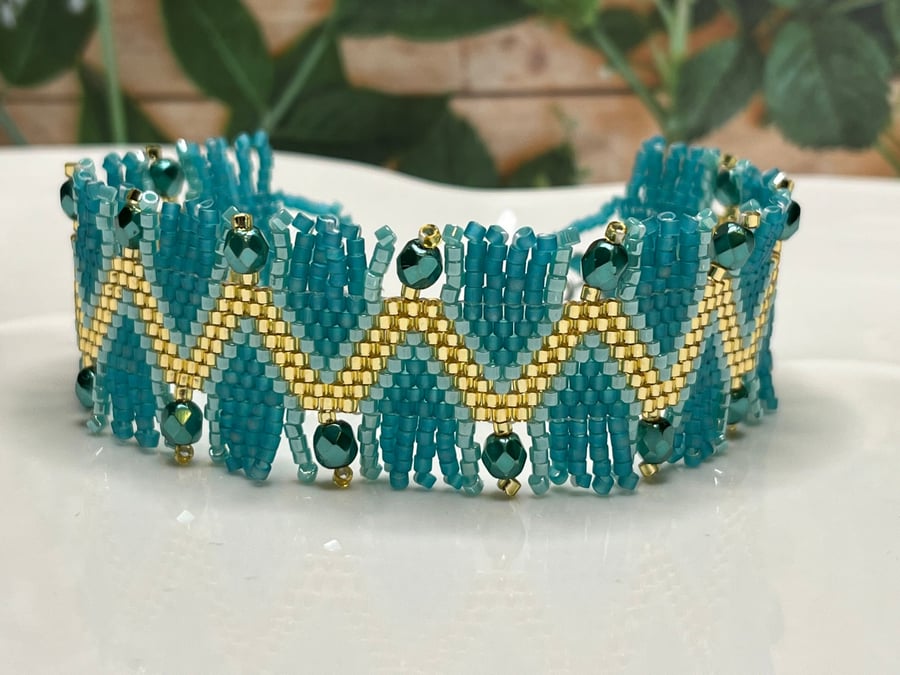 Aqua blue and gold beaded peyote fringe bracelet - Folksy