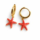 Red Starfish Huggie Earrings – 14k Gold plated Coastal Charm Earrings