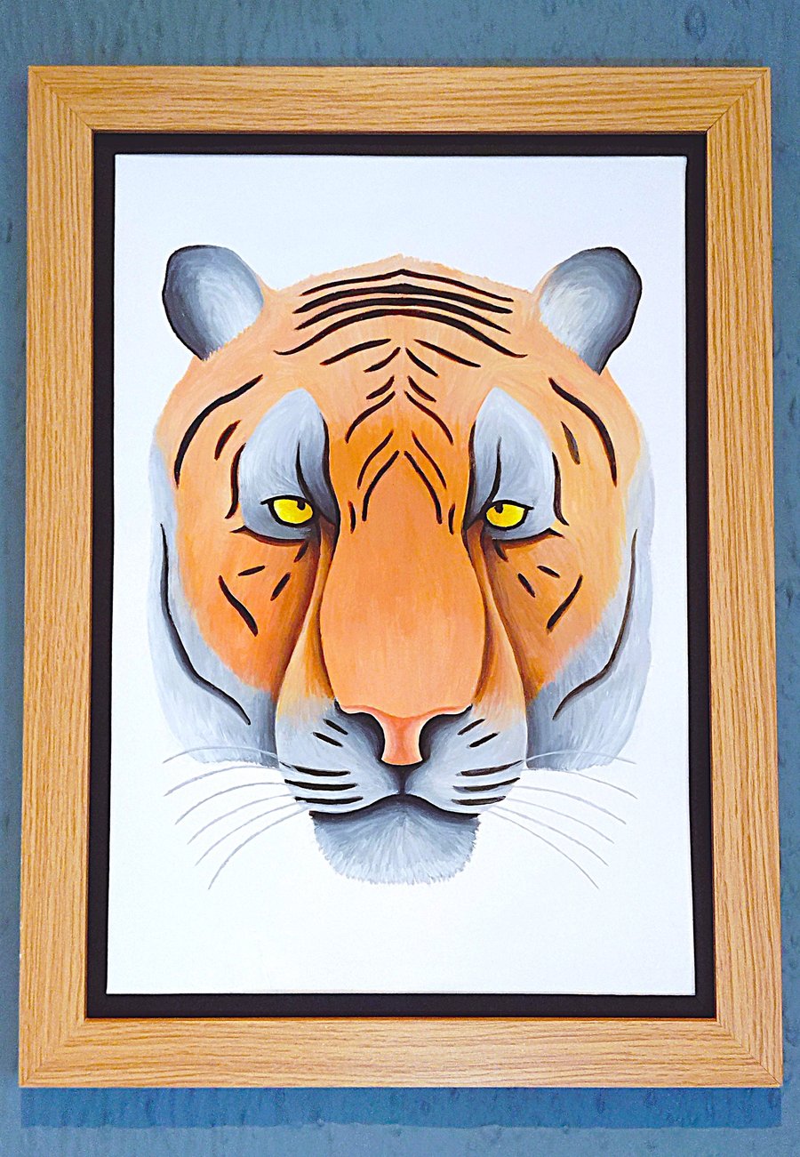 Handmade Unique Framed A3 Print Colourful Tiger Head Black Border Wallart Gift