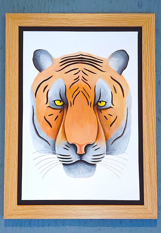 Handmade Unique Framed A3 Print Colourful Tiger Head Black Border Wallart Gift