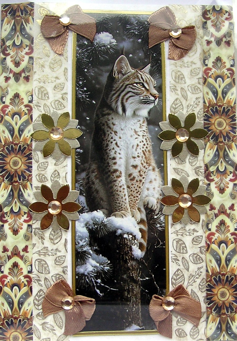 Wildlife Bobcat Animal - Hand Crafted Decoupage Greeting Card - Blank - 3219