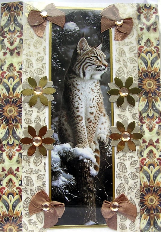 Wildlife Bobcat Animal - Hand Crafted Decoupage Greeting Card - Blank - 3219