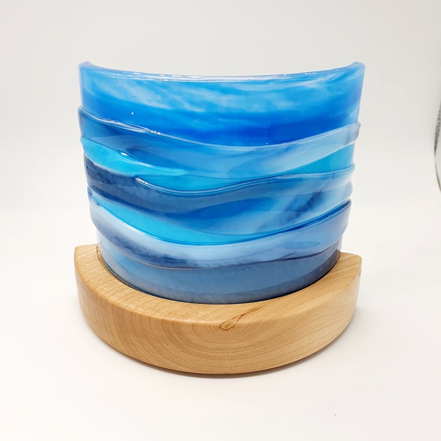 ‘Ocean’ Fused Glass Landscape in Curved Wooden Stand with Tealight 