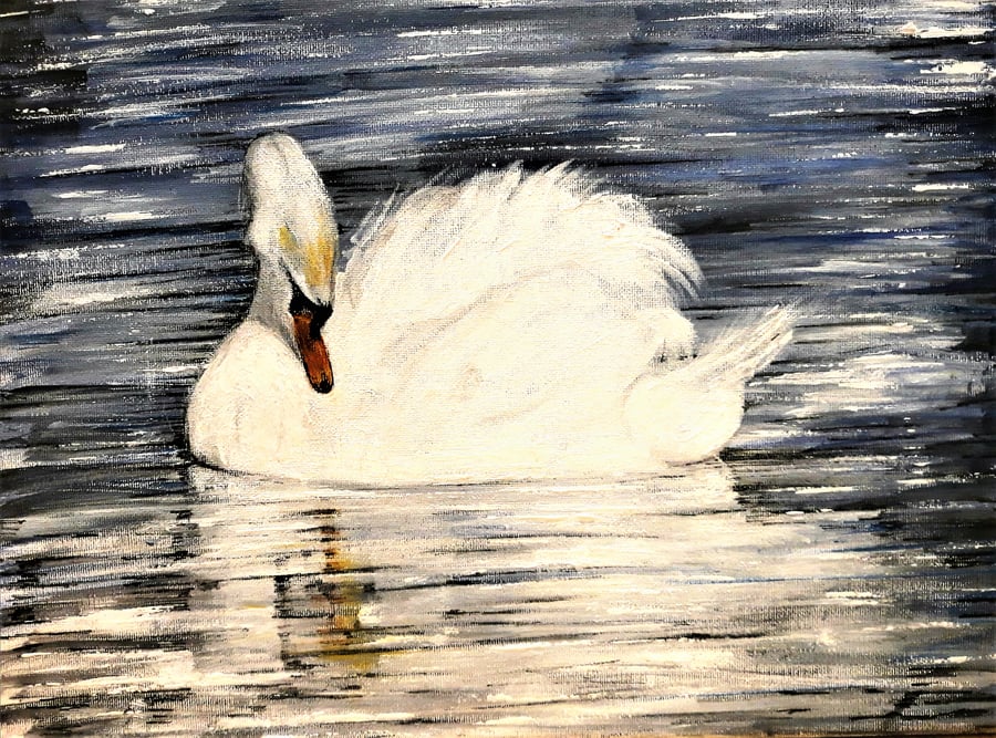 Original Swan Painting Bird Resting on Lake Acrylics on Canvas 40 x 30cm