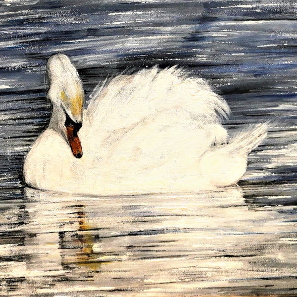 Original Swan Painting, Bird Resting on Lake, Acrylics on Canvas, 40 x 30cm