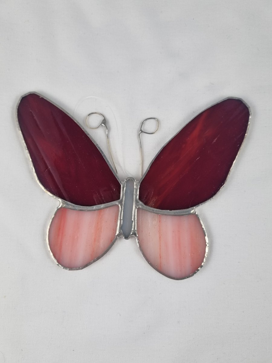 597 Stained Glass small red pink butterfly - handmade hanging decoration.