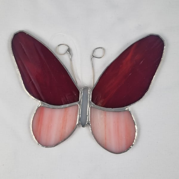 597 Stained Glass small red pink butterfly - handmade hanging decoration.