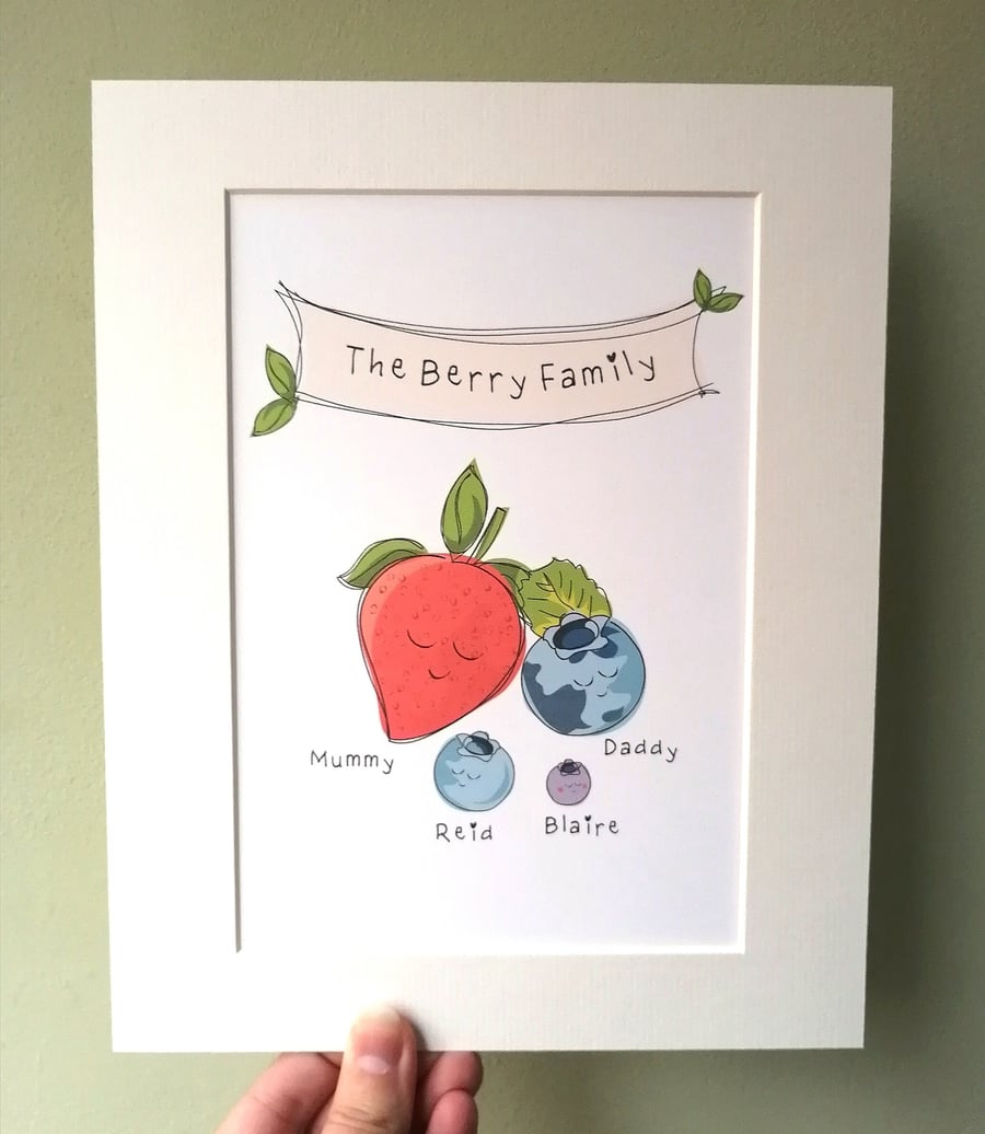Personalised Berry Family Print, Berries Family Wall Art, strawberry, blueberry 