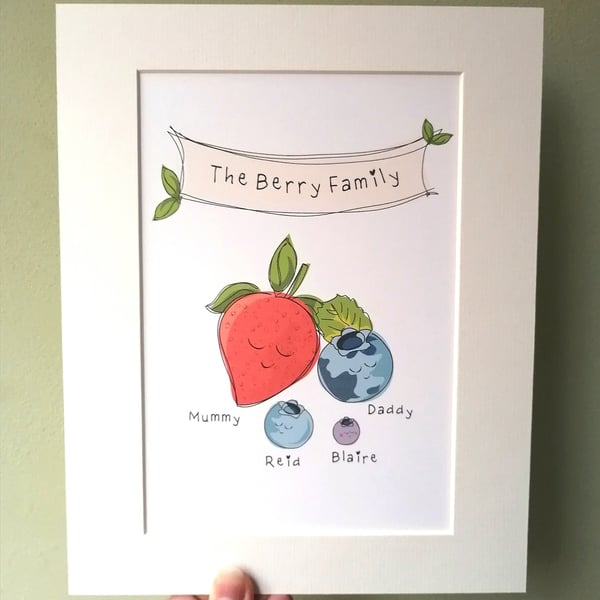 Personalised Berry Family Print, Berries Family Wall Art, strawberry, blueberry 