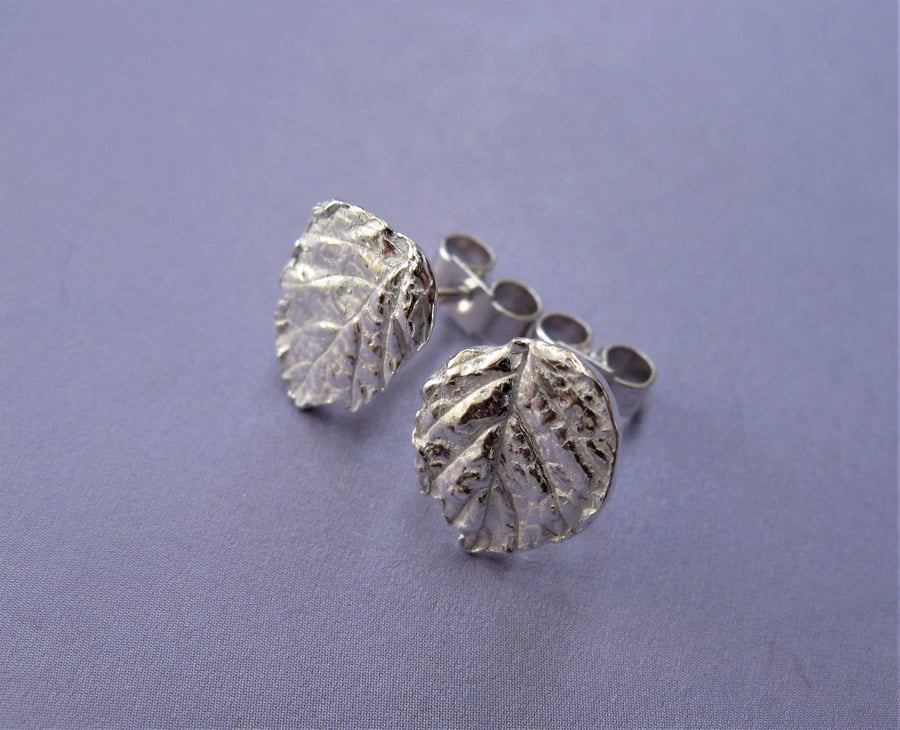 Fine silver bramble leaf stud earrings