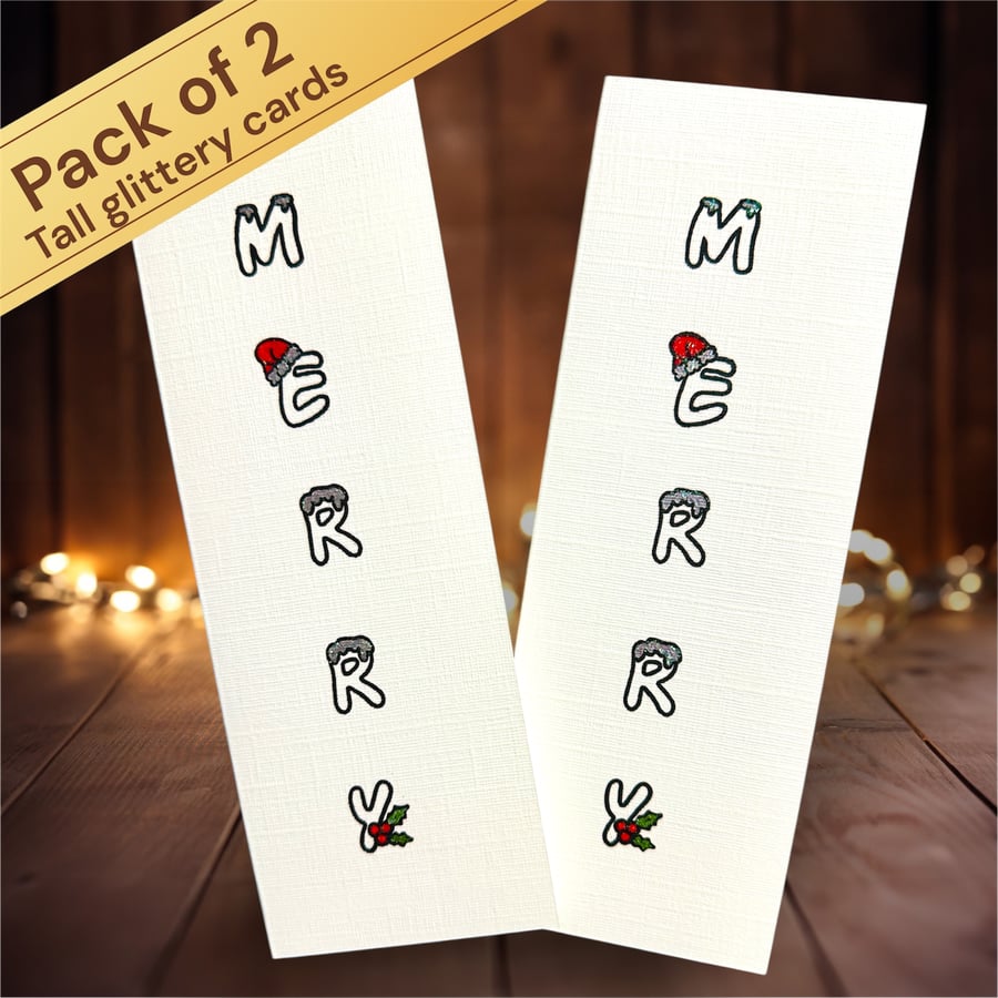 Pack of 2 Christmas cards, linen, glittery, hand painted Merry Santa snow holly 