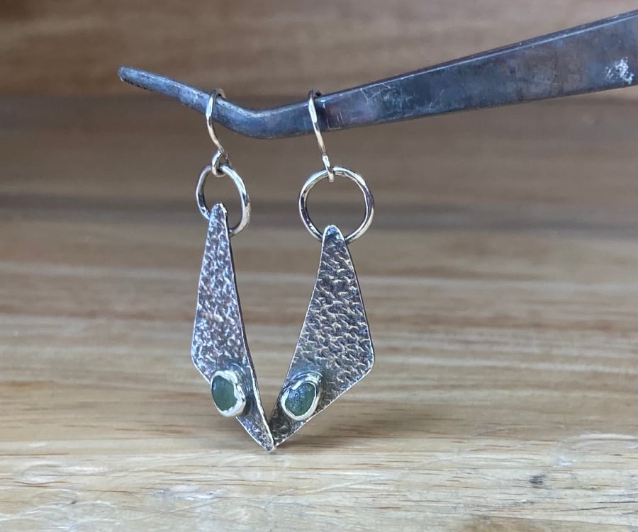 Handmade Textured Sterling Silver & Welsh Sea Glass Dangle Earrings