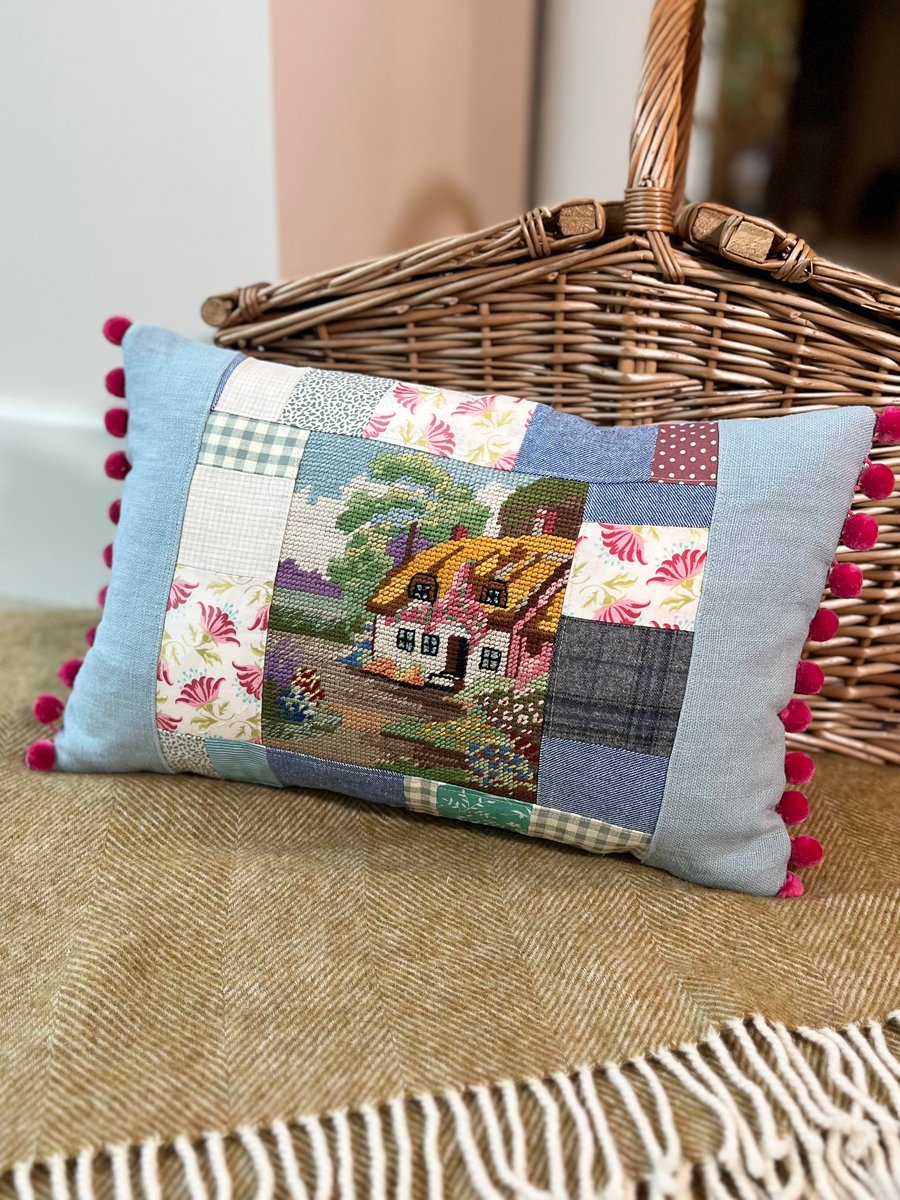 Cottage embroidery and patchwork cushion cover