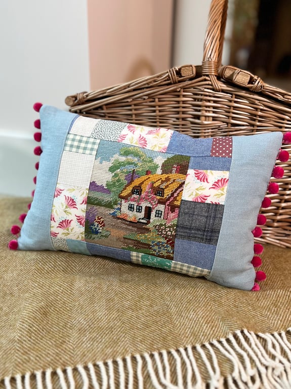 Cottage embroidery and patchwork cushion cover