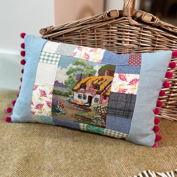 Cottage embroidery and patchwork cushion cover