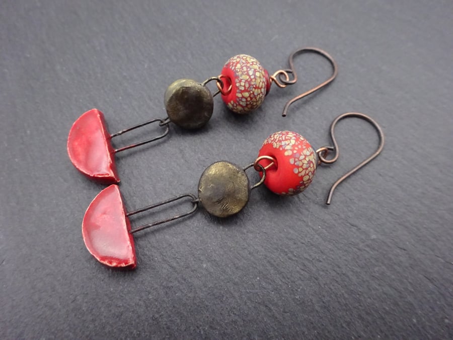 red lampwork glass and ceramic copper earrings