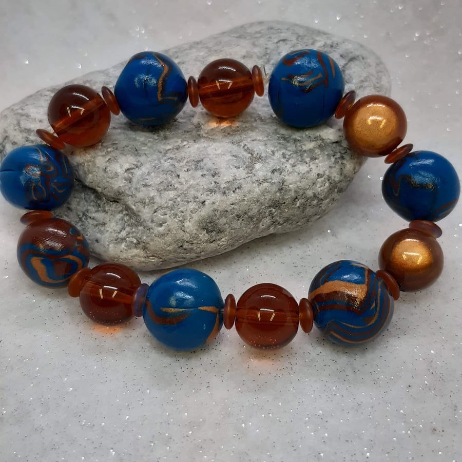 Brown and dark teal polymer clay bracelet