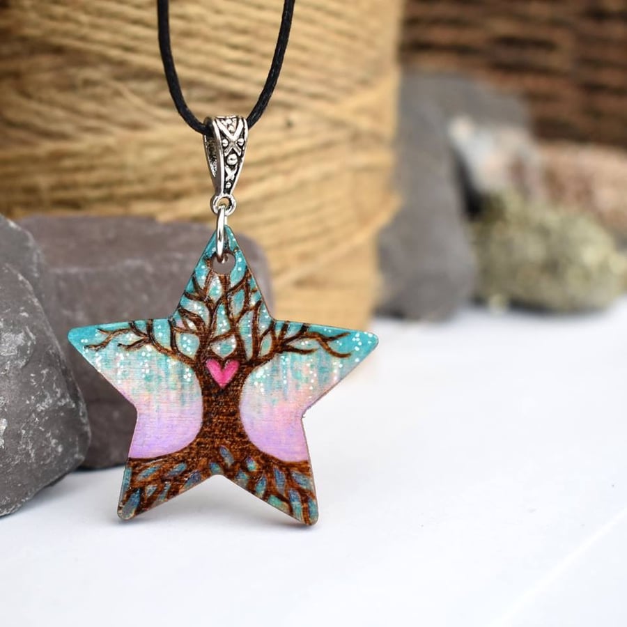 Pastel blossom tree, pyrography star pendant, tree of love.