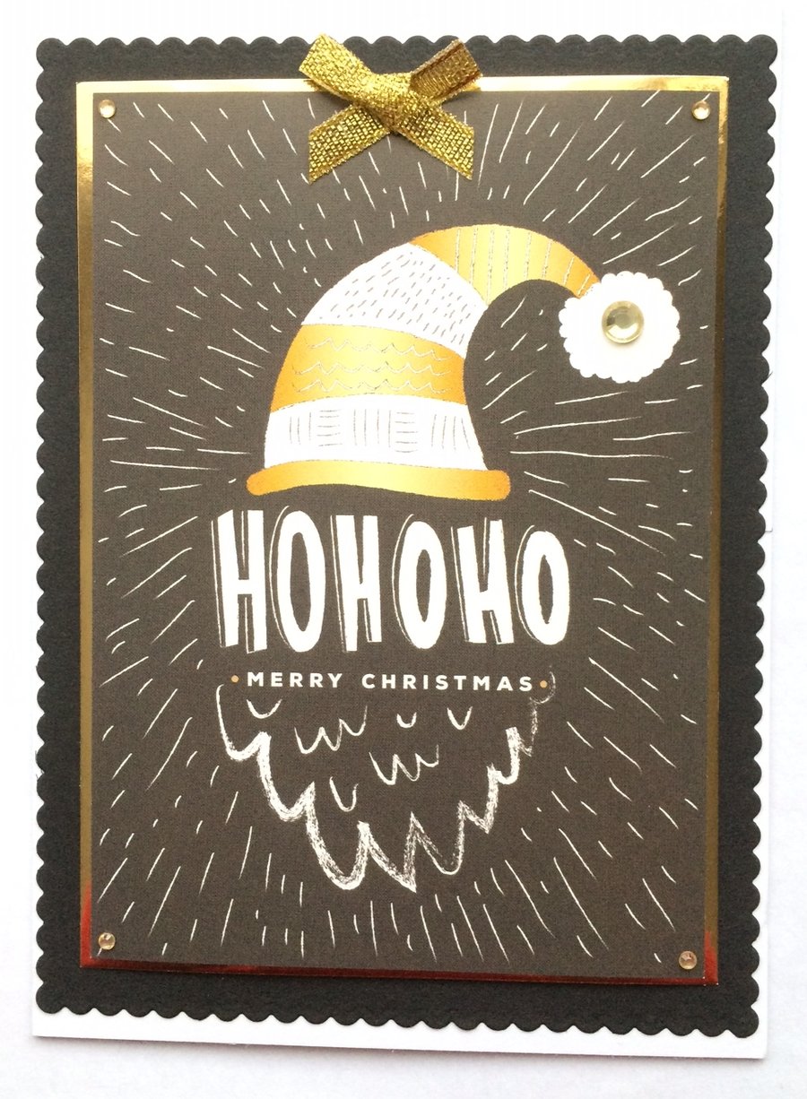 Handmade Christmas Card Contemporary Santa Ho Ho Ho in Gold Black