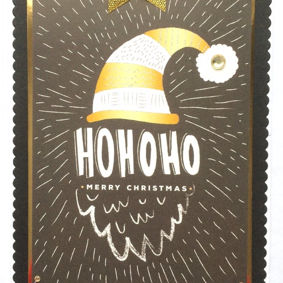 Handmade Christmas Card Contemporary Santa Ho Ho Ho in Gold Black