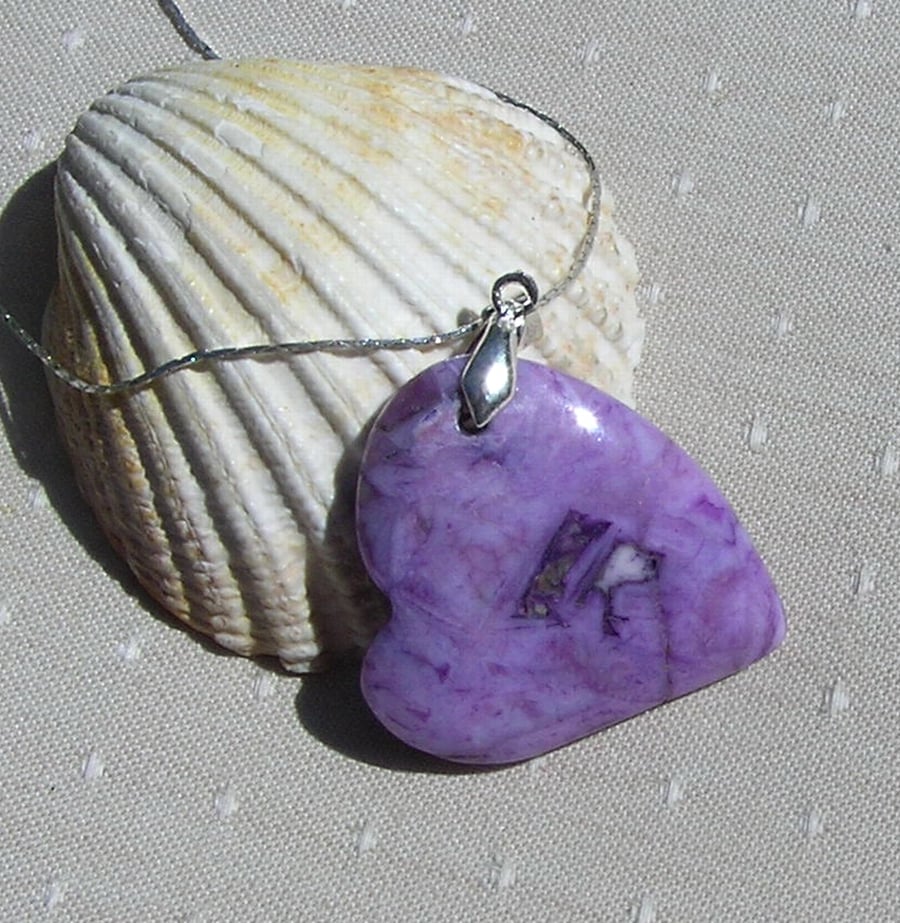 SALE - Purple Bamboo Agate Gemstone Heart Pendant with Silver Plated Chain