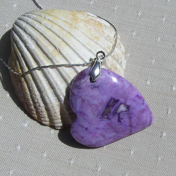 SALE - Purple Bamboo Agate Gemstone Heart Pendant with Silver Plated Chain