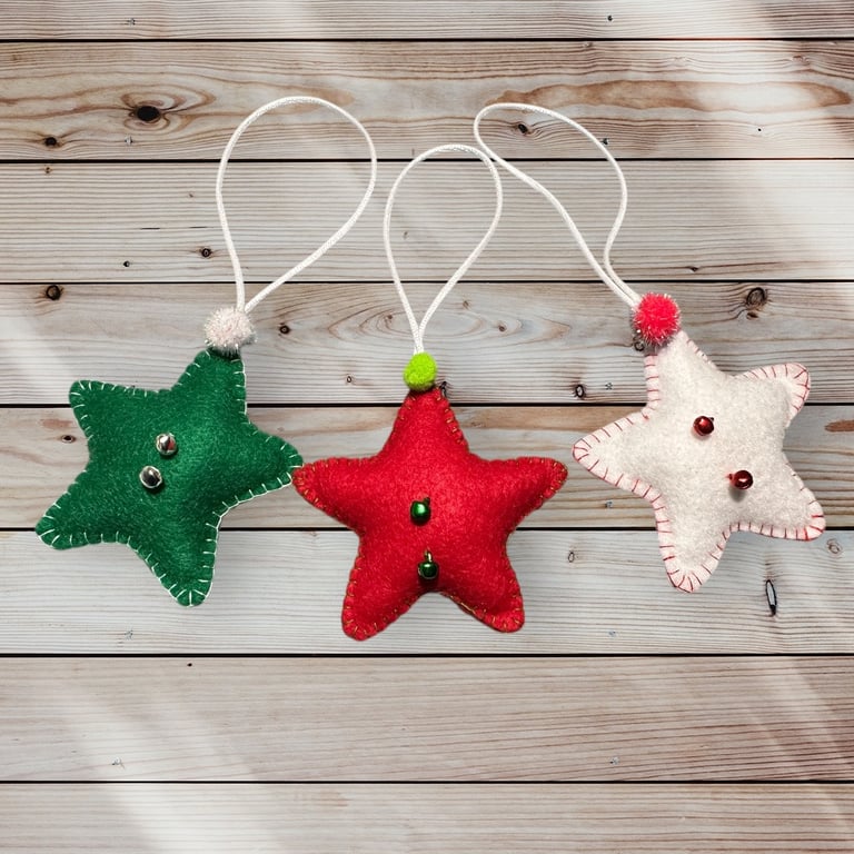 Set of 3 Santa star tree decorations with mini jingle bells and Pom Poms 
