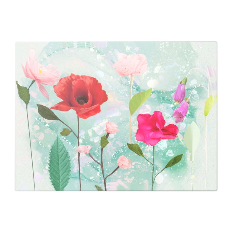 Brightly Coloured Flowers on Green Background Glass Chopping Board