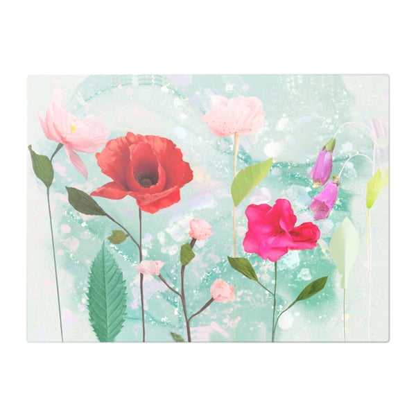 Brightly Coloured Flowers on Green Background Glass Chopping Board