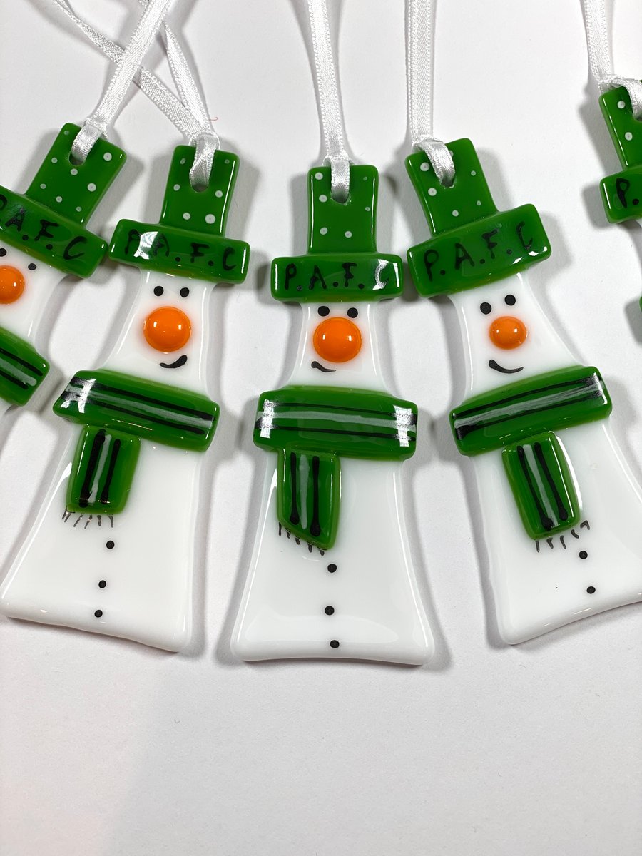 Plymouth argyle  snowmen - fused glass Christmas decorations