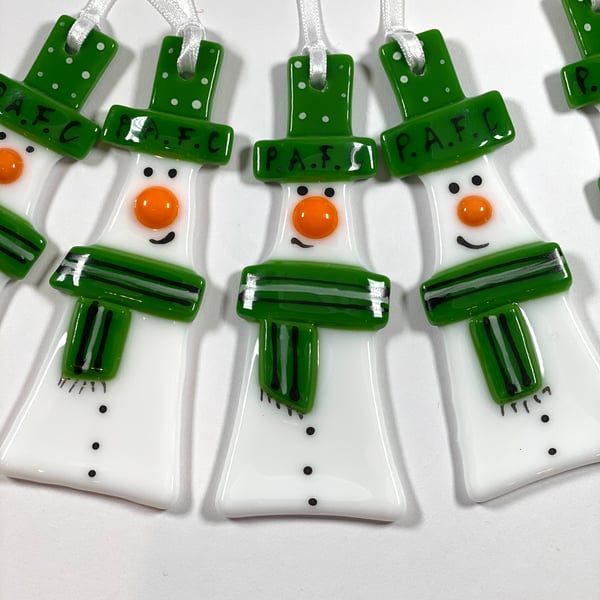 Plymouth argyle  snowmen - fused glass Christmas decorations