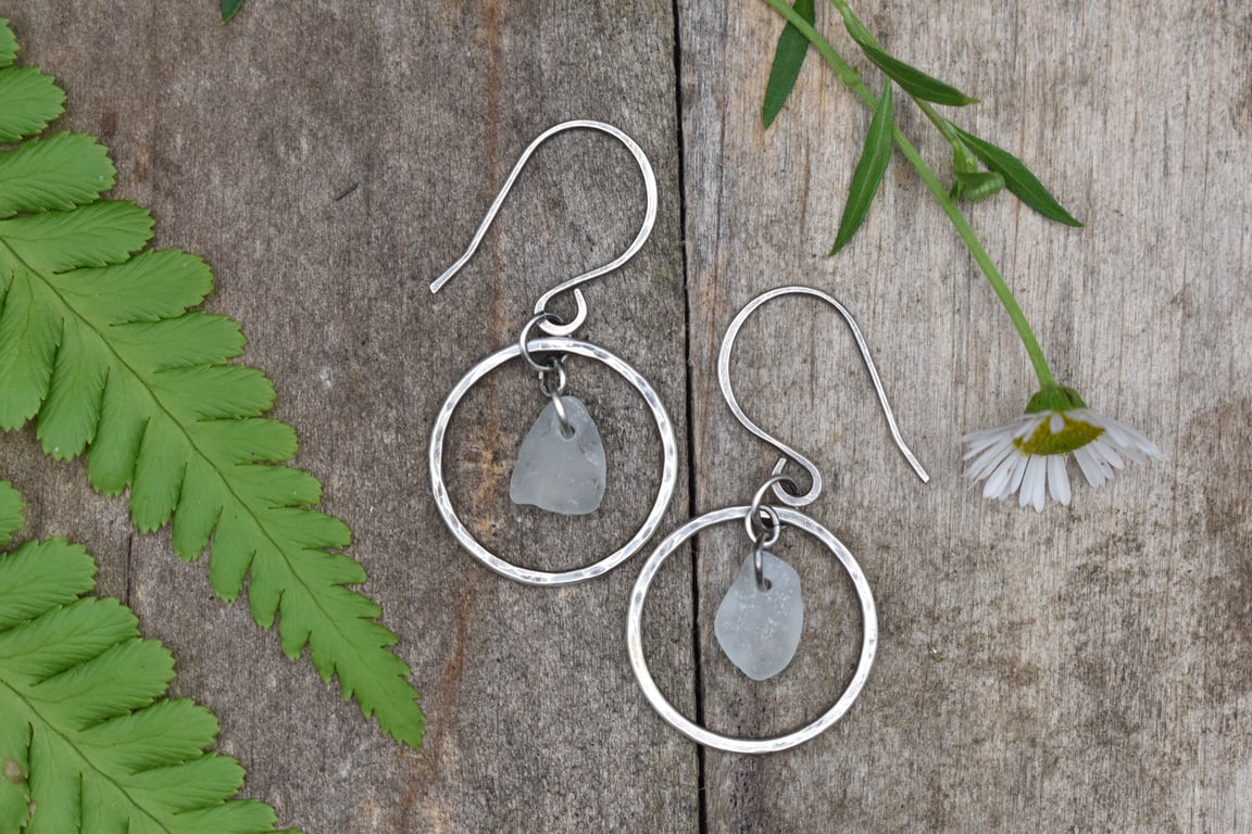 Sea Glass and Sterling Silver Circle Earrings, White