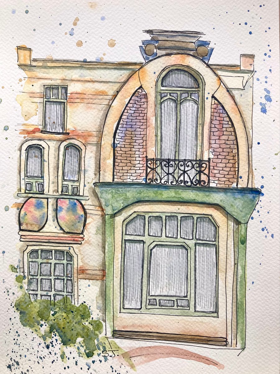 Art Deco house Brussels Belgium original watercolour painting