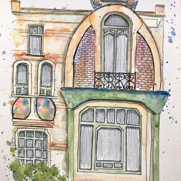 Art Deco house Brussels Belgium original watercolour painting