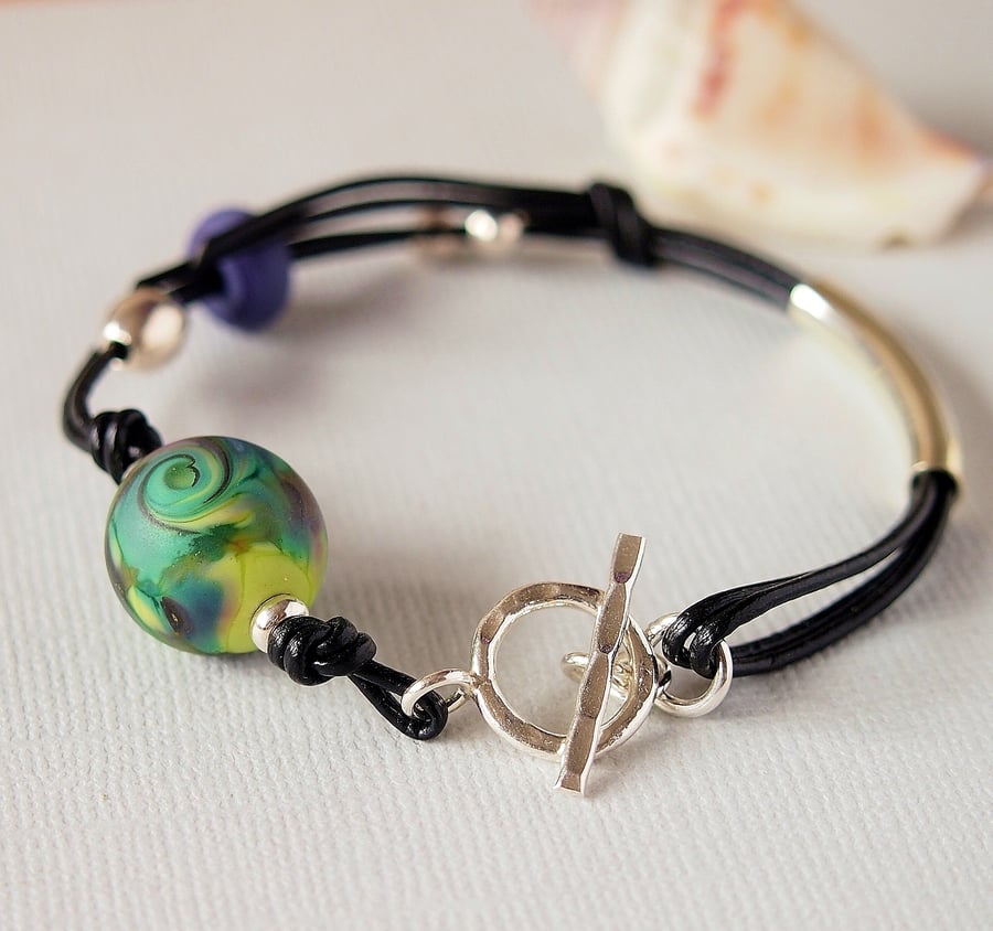 Lampwork Glass Leather Beaded Bracelet -  Sterling Silver 
