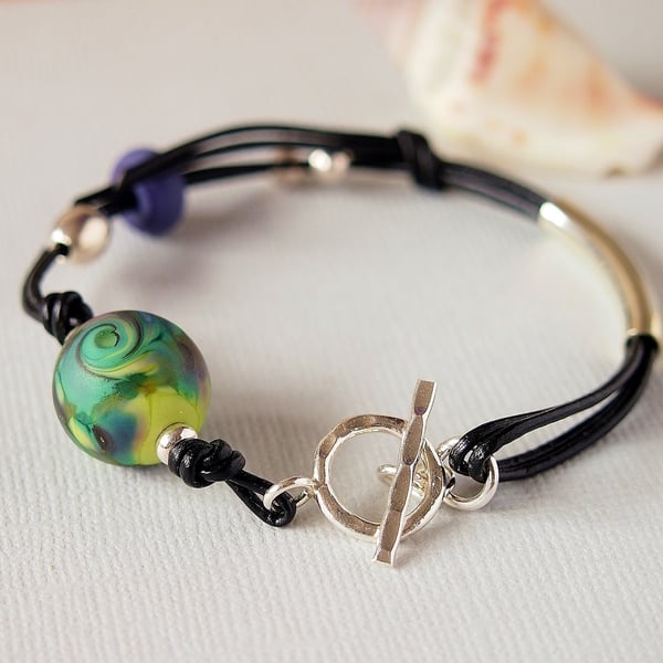 Lampwork Glass Leather Beaded Bracelet -  Sterling Silver 