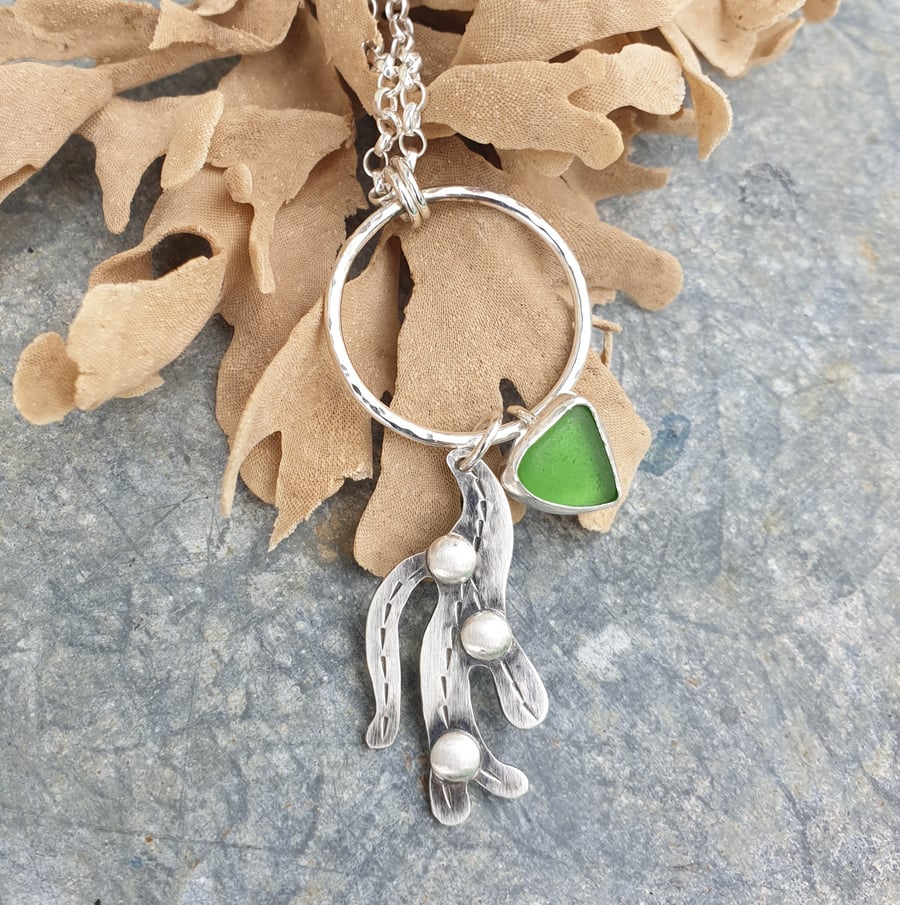 Sterling silver seaweed pendant with seaglass