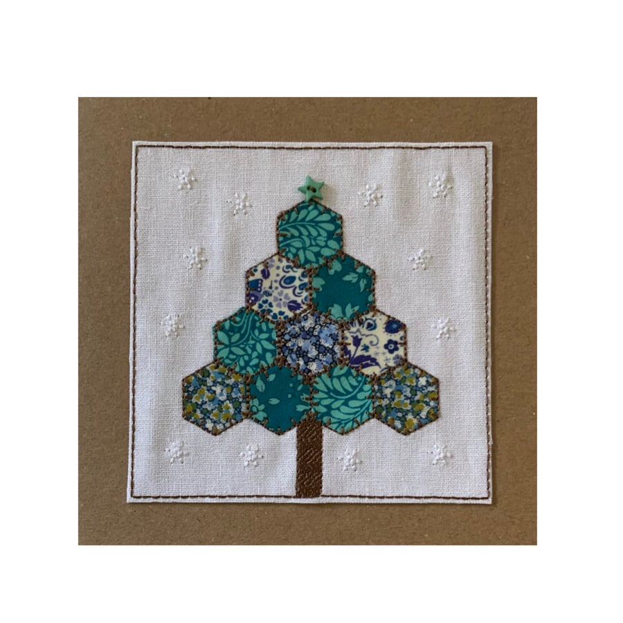 Christmas Tree Card, Hexie Patchwork Tree Christmas Card, Hexies Textile Card