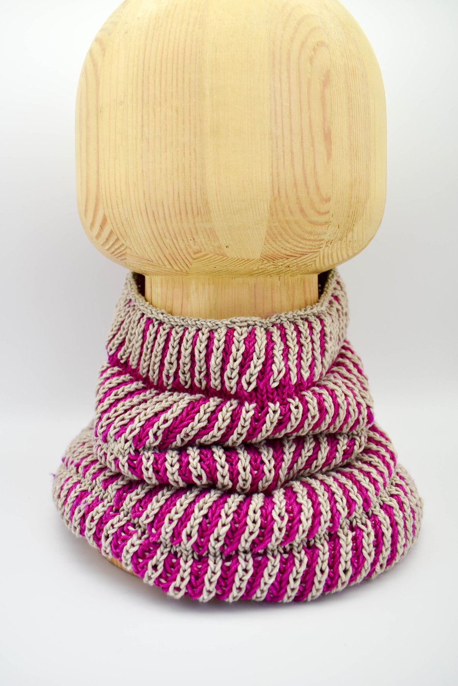 Hand knitted Brioche Infinity Cowl - Fuschia pink and beige