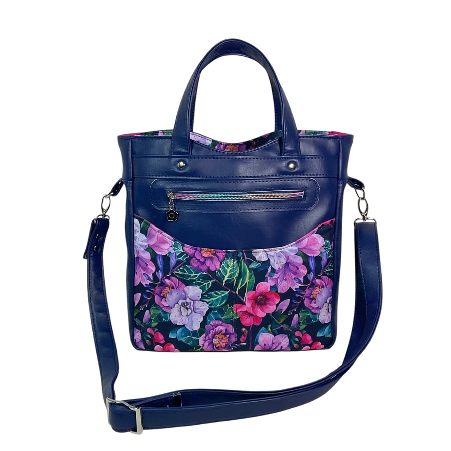 Handbag in faux leather and floral print, pink vegan crossbody, ladies gift